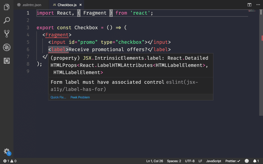 Screenshot eines Code-Editors mit einem Problem mit der Barrierefreiheit, das von eslint-plugin-jsx-a11y gemeldet wurde