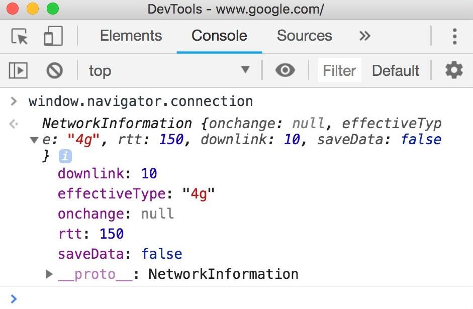 Konsol Chrome DevTools yang menampilkan nilai properti objek navigator.connection