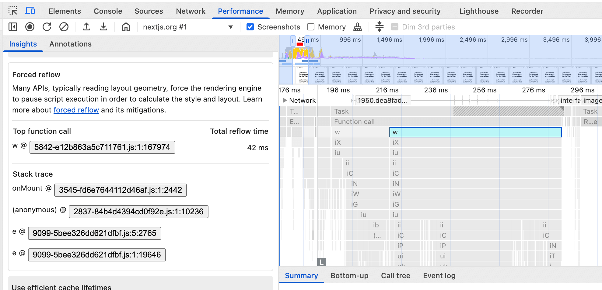 显示强制重新流布局数据分析的 DevTools，其中指出导致强制重新流布局的函数是名为“w”的函数。