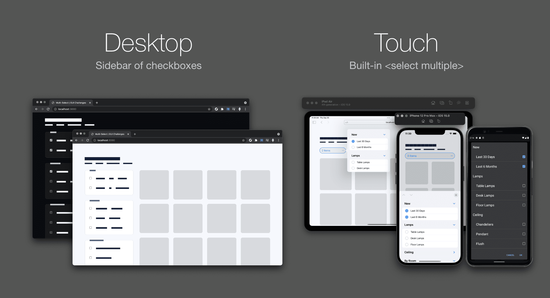 Screenshot perbandingan yang menampilkan desktop terang dan gelap dengan sidebar kotak centang vs iOS dan Android seluler dengan elemen multi-pilih.