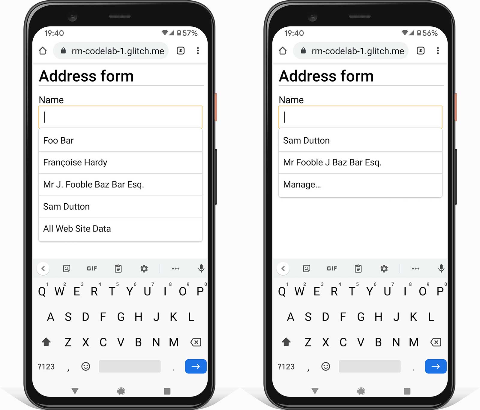 Dos capturas de pantalla de Chrome en un teléfono Android que muestran un formulario con una sola entrada, con y sin un valor de autocompletar. Una muestra la IU del navegador con valores sugeridos de forma heurística, y la otra muestra la IU cuando hay valores de autocompletado almacenados.