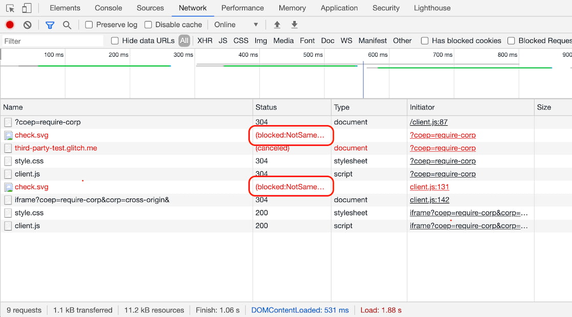 COEP issues in the Status column of the Network panel.