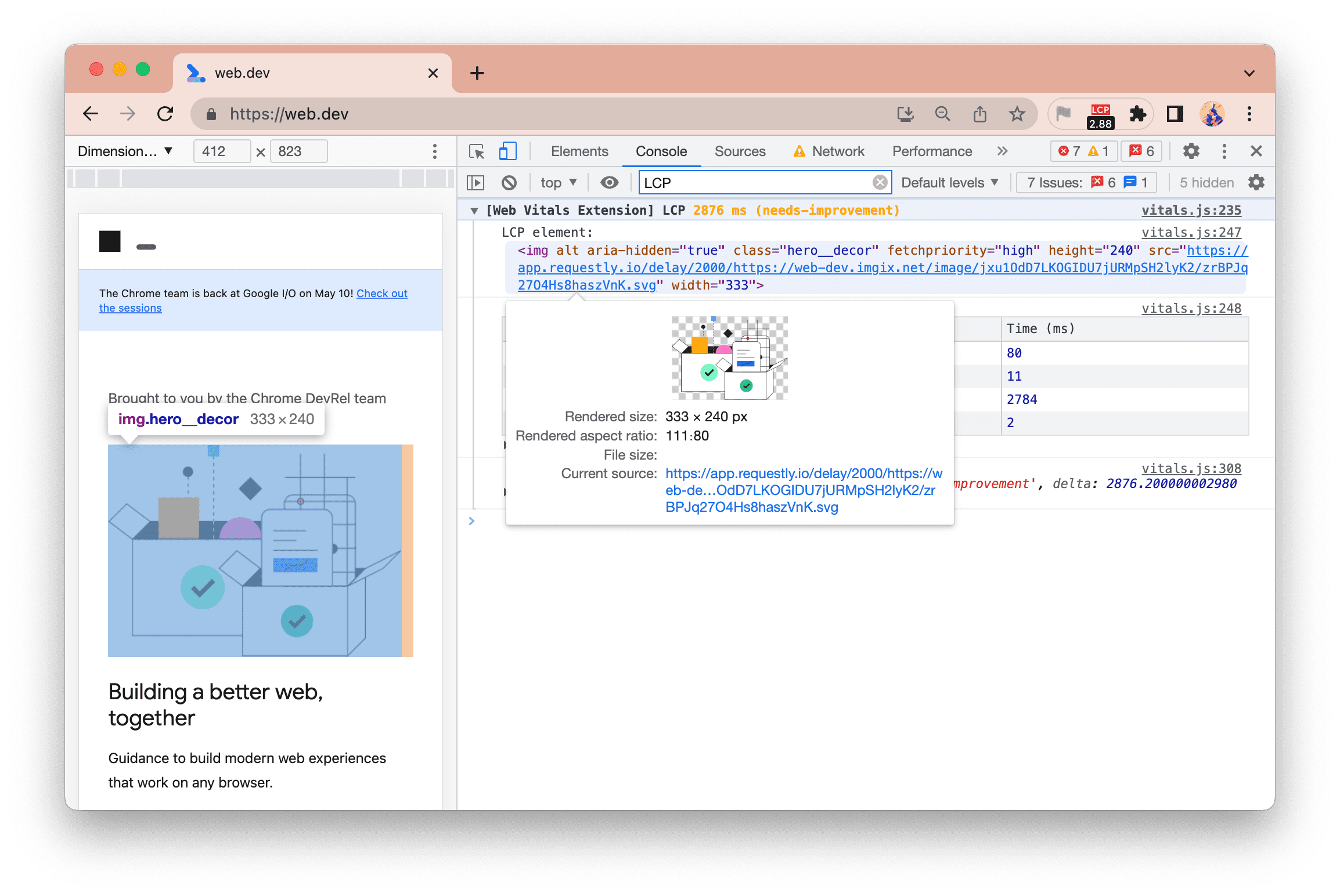 Web Vitals Extension new console logging retains element highlighting on hover