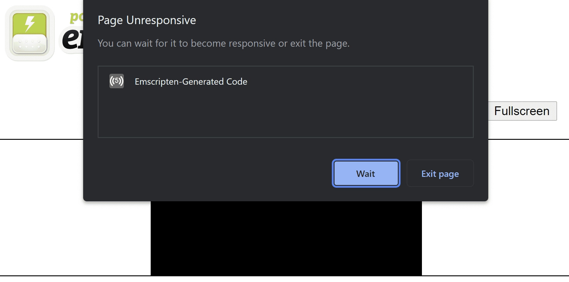หน้า HTML ที่ Emscripten สร้างขึ้นซึ่งวางซ้อนกับกล่องโต้ตอบข้อผิดพลาด &quot;หน้าไม่ตอบสนอง&quot; ที่แนะนำให้รอให้หน้าเว็บกลับมาทำงานตามปกติหรือออกจากหน้า