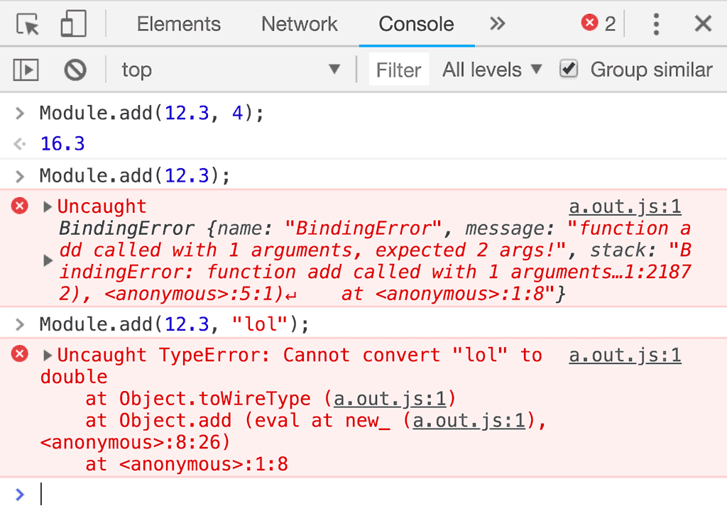 Erreurs des outils pour les développeurs lorsque vous appelez une fonction avec un nombre d&#39;arguments incorrect ou lorsque les arguments ont un type incorrect