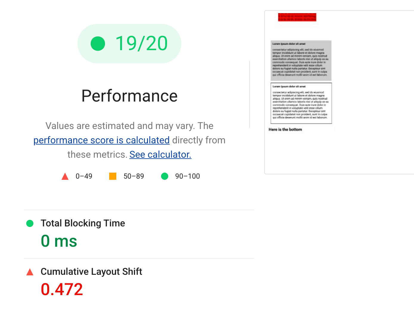 The Lighthouse report covering page navigation and scrolling with a failing CLS