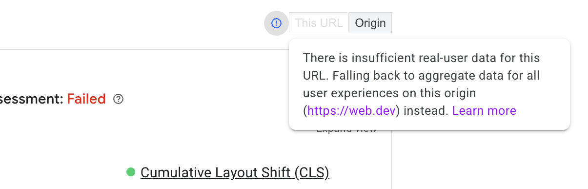 PageSpeed Insight falling back to origin-level data where url-level data is not available