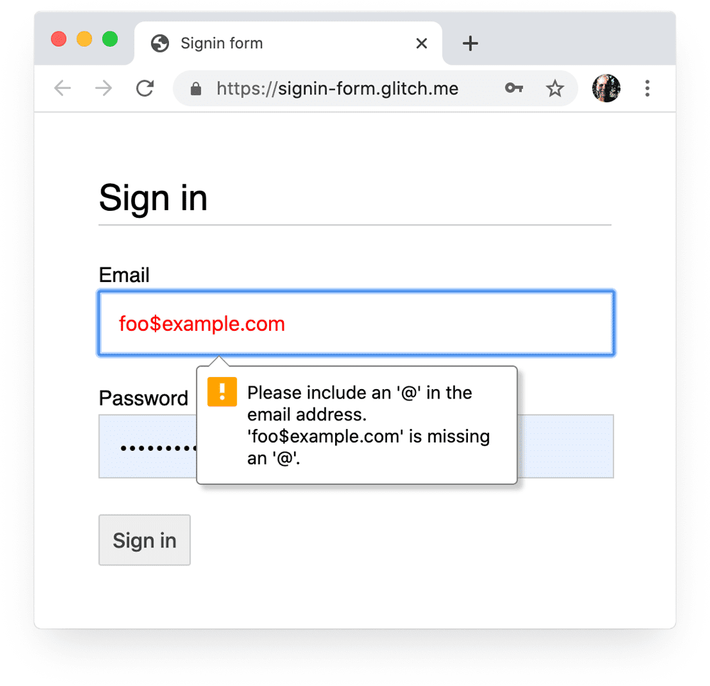 잘못된 이메일 값에 대한 브라우저 프롬프트와 포커스를 보여주는 데스크톱의 Chrome 로그인 양식