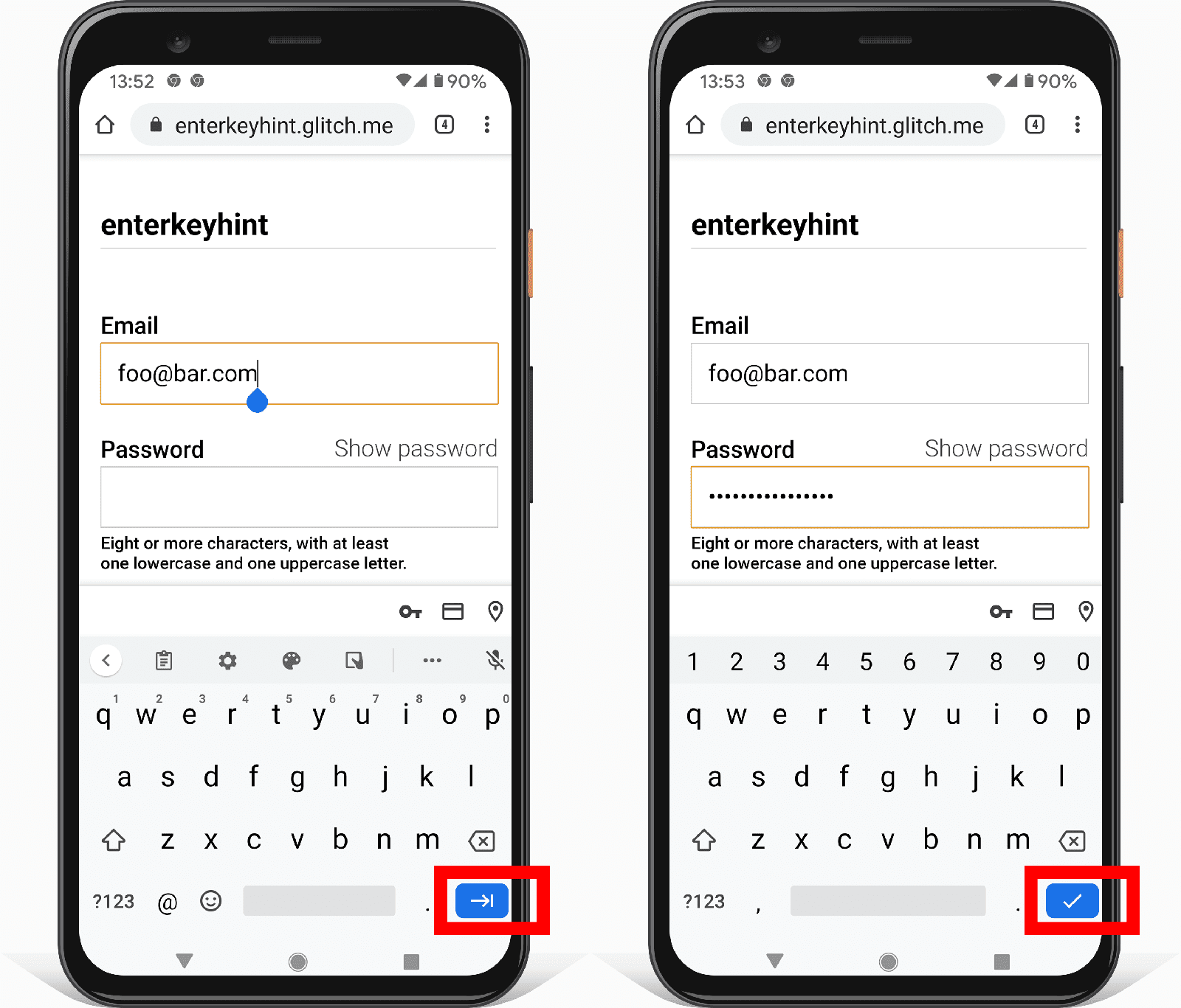 enterkeyhint 입력 속성이 입력 키 버튼 아이콘을 변경하는 방법을 보여주는 Android의 주소 양식 스크린샷 2개