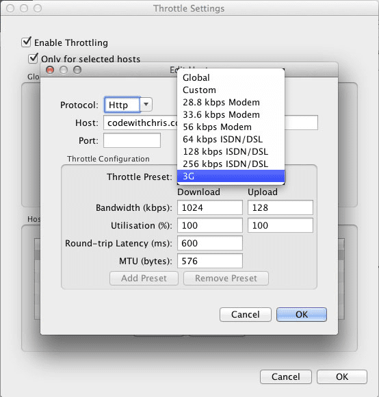 Charles proxy bandwidth and latency settings