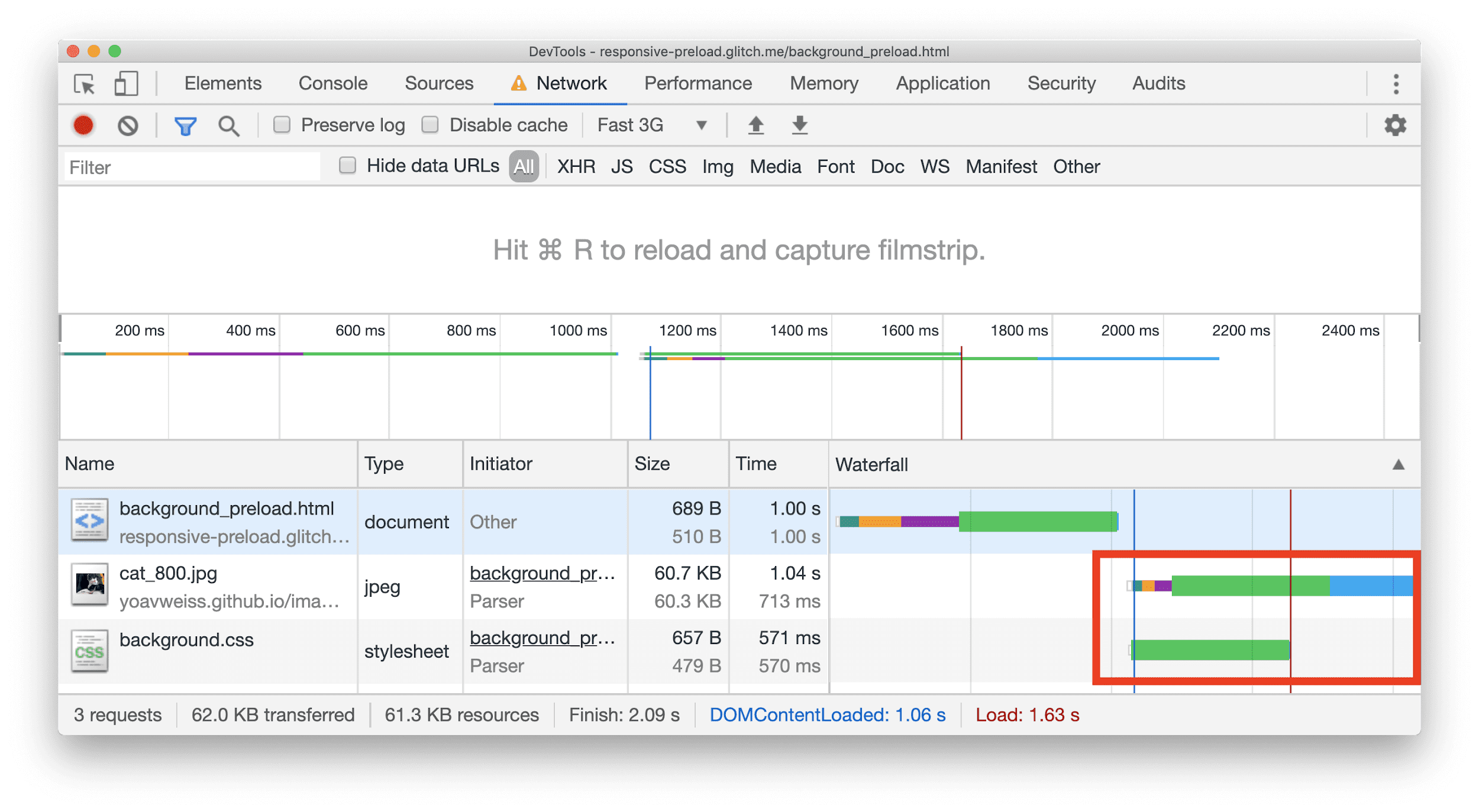Панель «Сеть» Chrome DevTools, на которой показана схема с ресурсом JPEG, загружаемым параллельно с некоторым CSS.