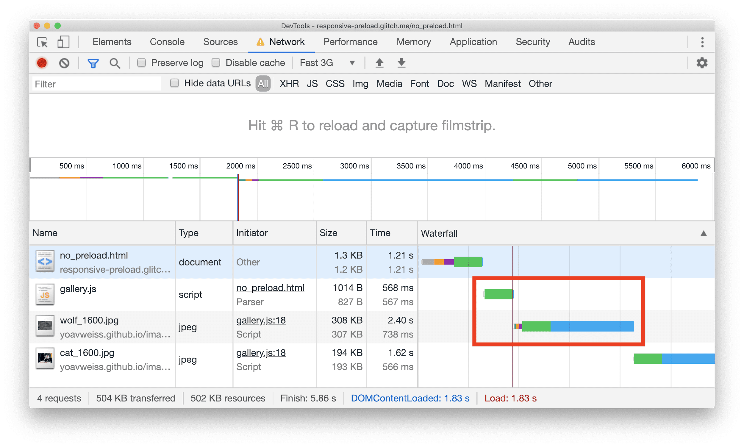 Панель «Сеть» в Chrome DevTools, на которой показана схема с ресурсом JPEG, загрузка которого начинается только после некоторого количества JavaScript.