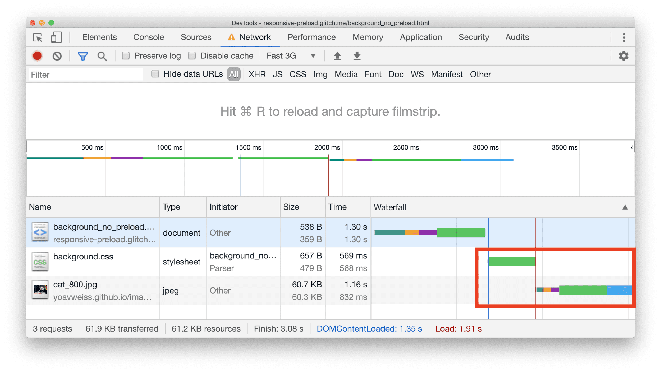 Панель «Сеть» в Chrome DevTools, на которой показана схема с ресурсом JPEG, загрузка которого начинается только после некоторого количества CSS.