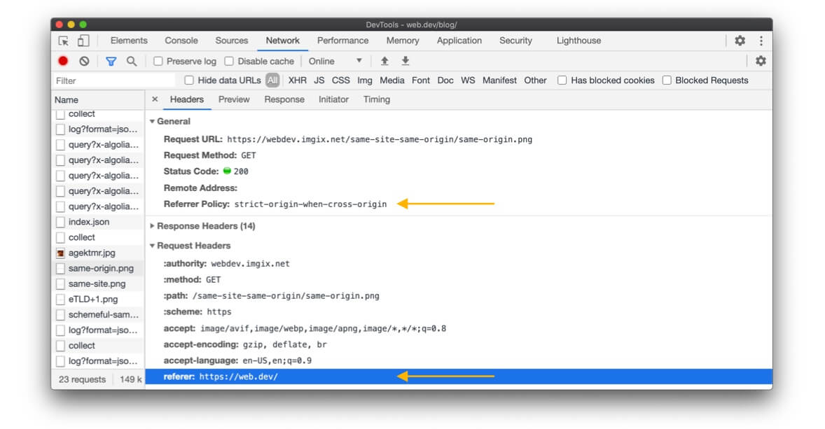 Screenshot des Bereichs „Netzwerk“ in den Chrome-Entwicklertools mit den Optionen „Referer“ und „Referer-Policy“