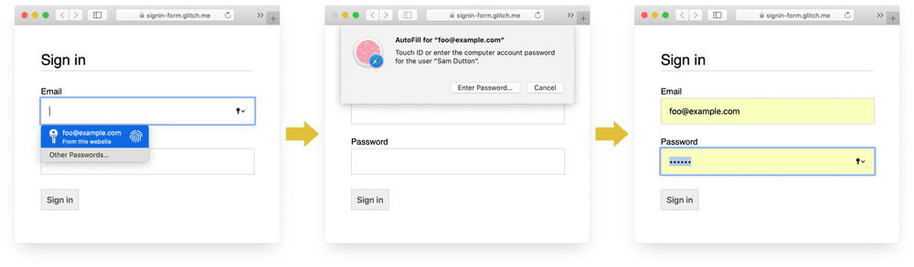 Capturas de pantalla de tres etapas del proceso de acceso en Safari en computadoras: administrador de contraseñas, autenticación biométrica y autocompletar.