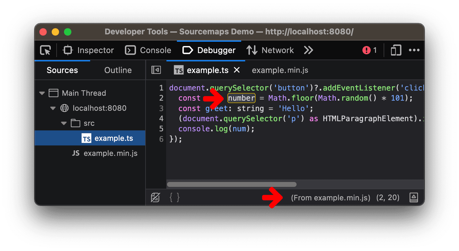 Developer tools applying a source map.