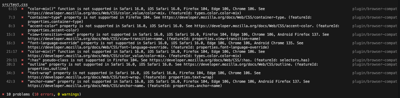 danh sách cảnh báo của Stylelint làm nổi bật mã CSS không hoạt động trên các trình duyệt cũ.