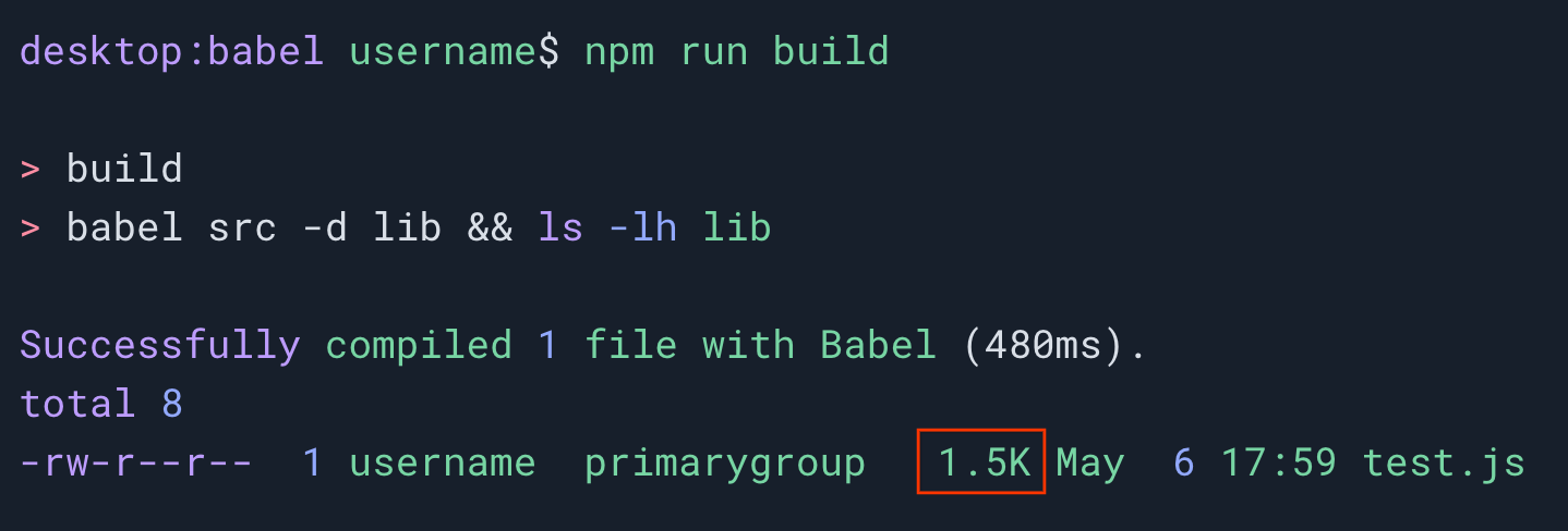 Babel, 2020 Temel Çizgisi&#39;ni hedeflemek üzere ayarlandığında npm run build komutunun artık 1,5 kilobaytlık bir dosya oluşturduğunu gösteren ikinci bir terminal oturumu.