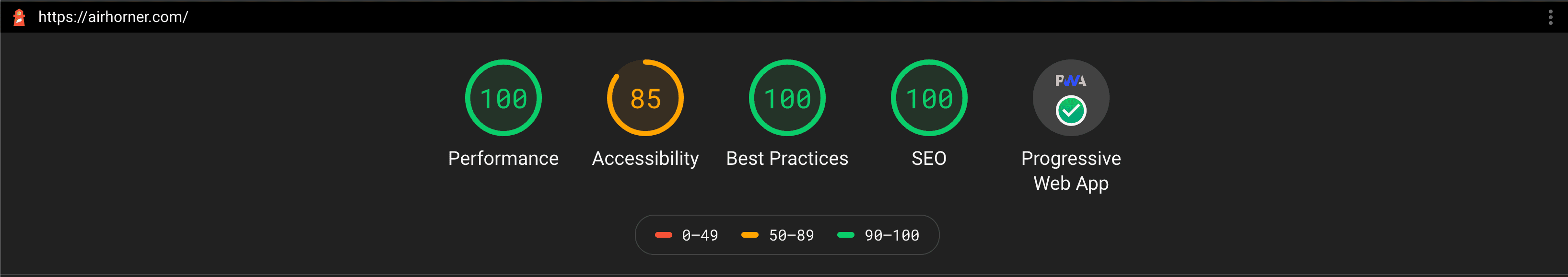 A screenshot showing the Lighthouse score for AirHorn, with the PWA badge and a performance score of 100.
