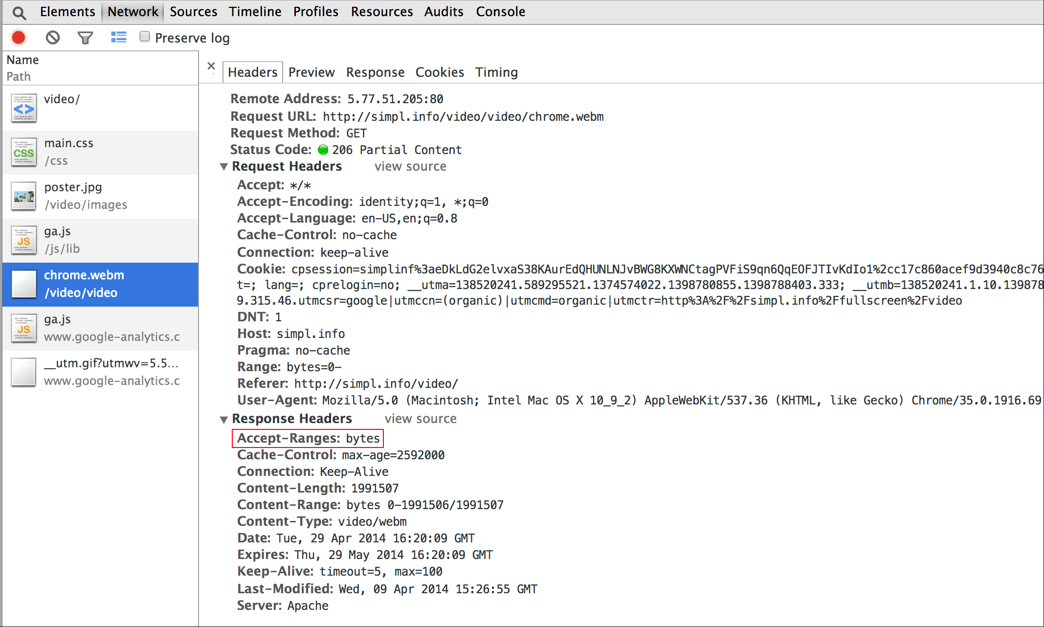 Captura de pantalla de las herramientas para desarrolladores de Chrome: Accept-Ranges: bytes.