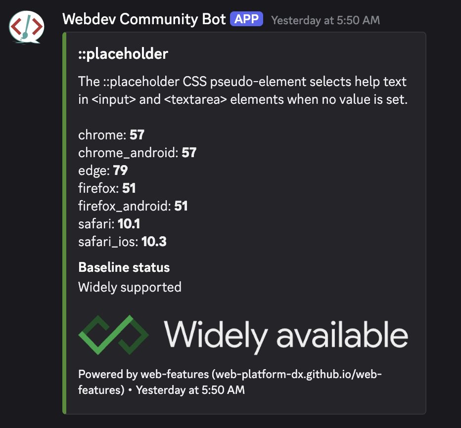 웹 개발 및 웹 디자인 Discord 커뮤니티에서 웹 기능에 관한 데이터를 보여주는 Baseline 봇