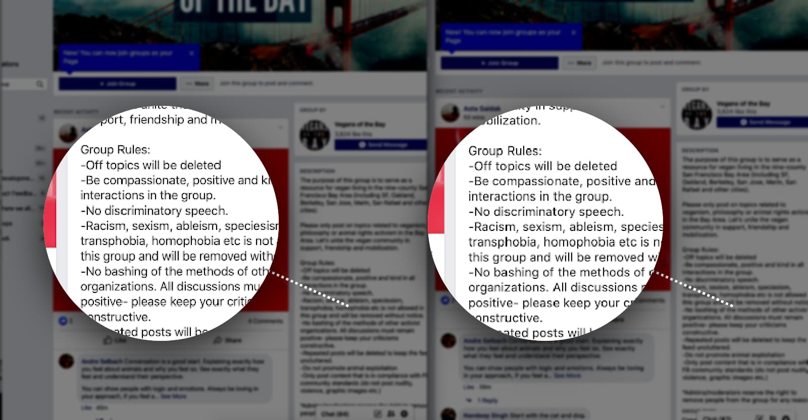 Ein Vergleich von zwei Absätzen auf einer Facebook-Gruppenseite. Links ist Chrome und rechts Safari. In Chrome ist der Abstand zwischen den Elementen etwas geringer.
