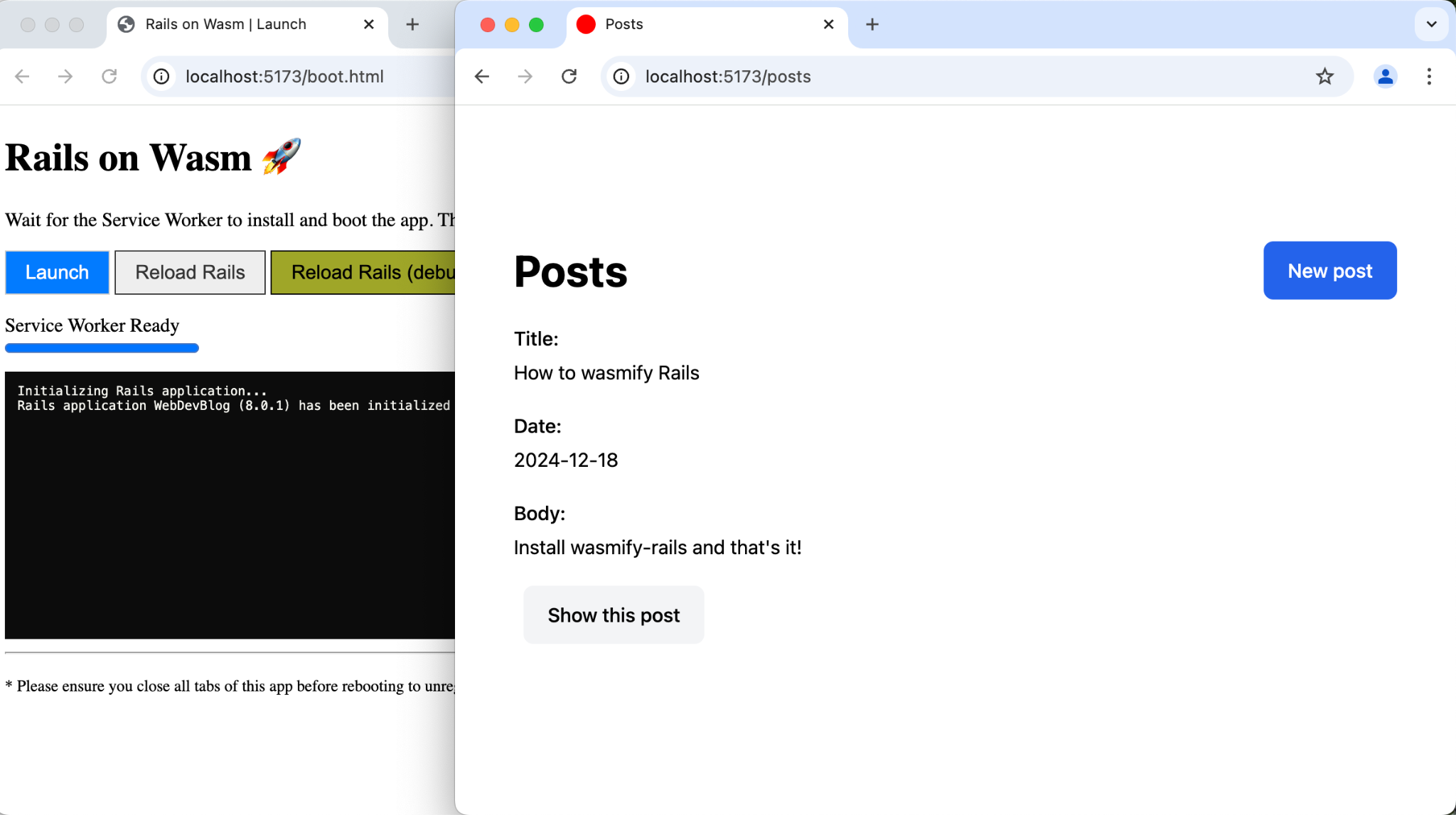 Um blog Ruby on Rails iniciado em uma guia do navegador em execução em outra guia do navegador.