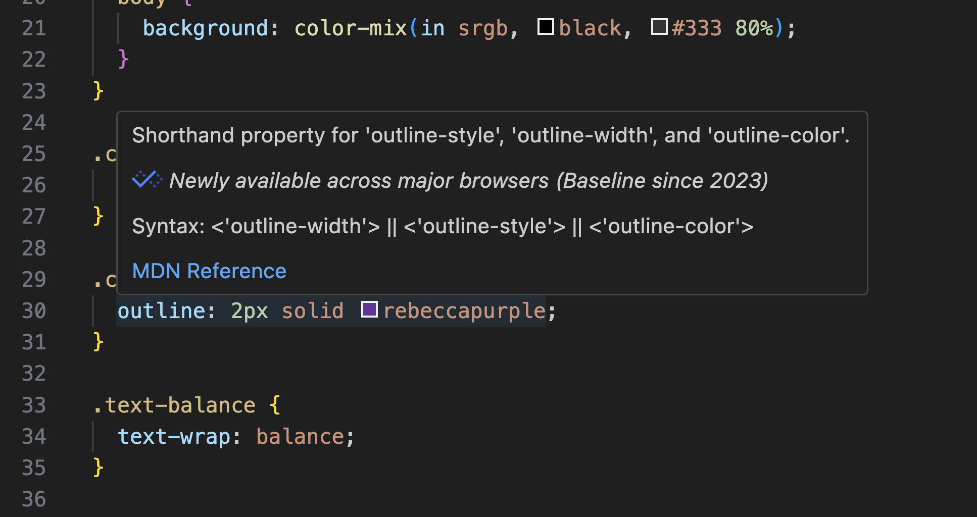 Hovercard in VSCode showing Baseline status.