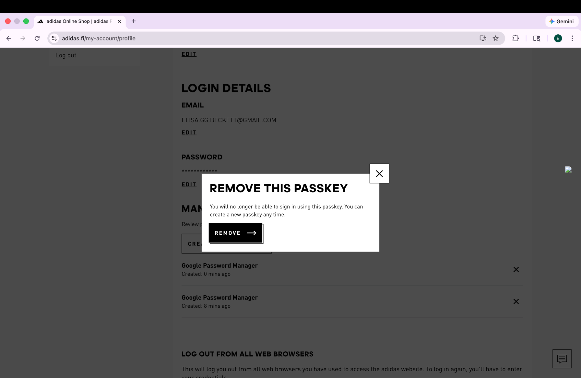 A confirmation modal in the adidas account settings allowing a user to remove a specific passkey, with a warning that it will no longer be available for sign-in.