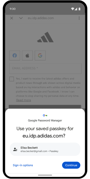 A system-level passkey prompt on an Android device asking the user to use their saved passkey to sign in to the adidas identity provider.