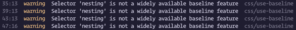 CSS iç içe yerleştirme, Baseline Widely'de kullanılamıyordu ancak üretim kodunda kullanılıyordu. Burada ESLint, bu işlevin kullanılmaması konusunda uyarıda bulunuyor.