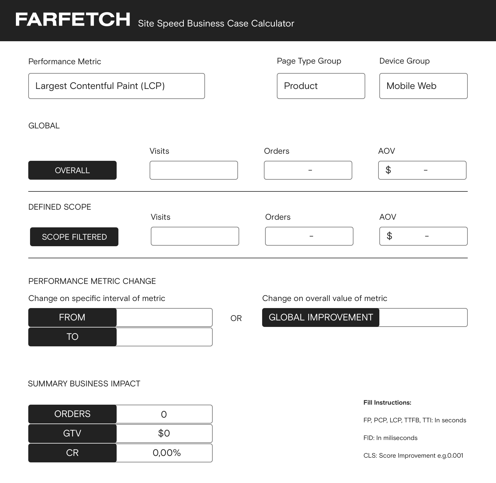 Captura de pantalla de la calculadora de casos de éxito de velocidad del sitio de Farfetch.