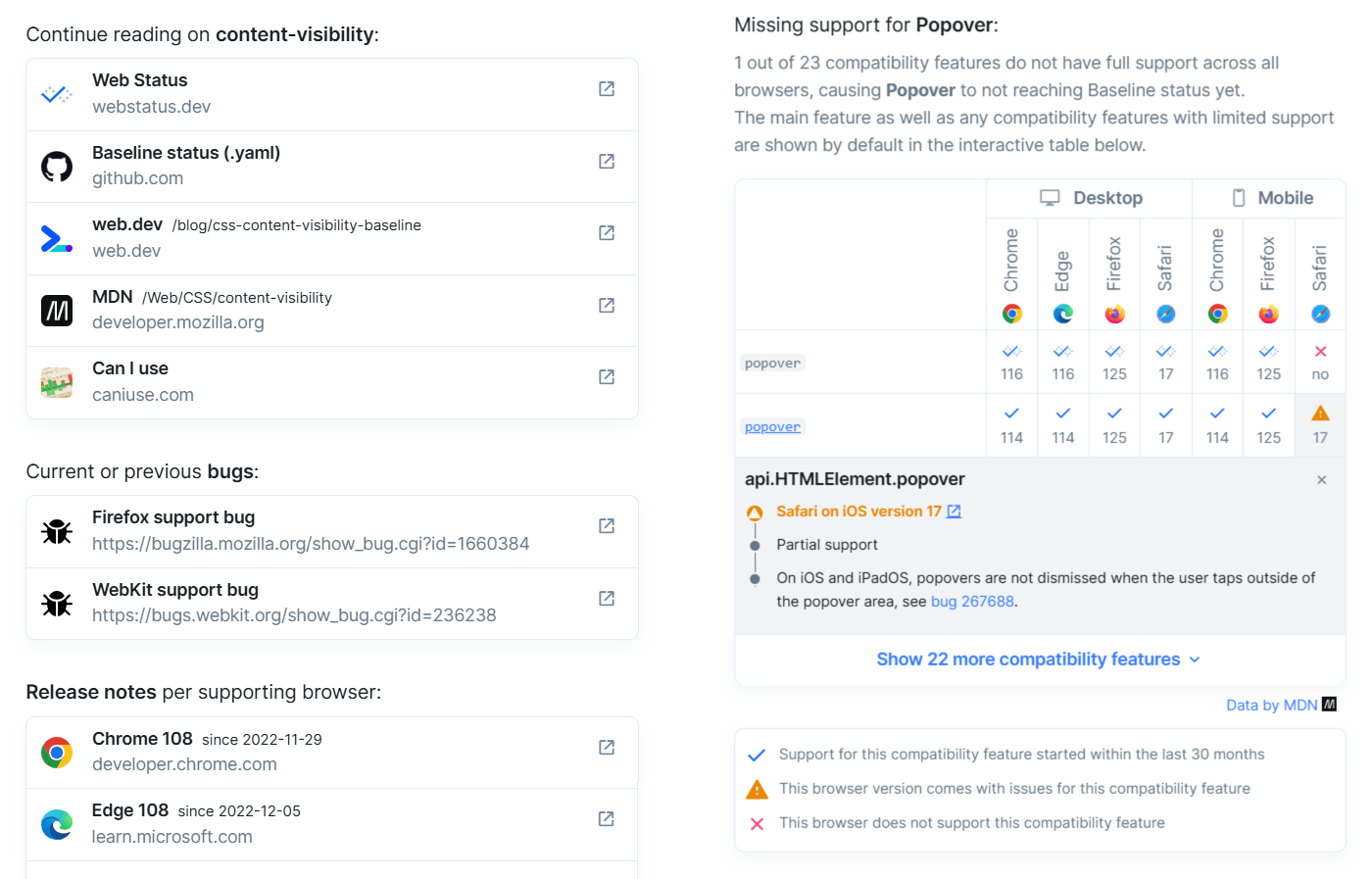 Documentation for content-visibility and browser support data for Popover as shown on RUMVision.