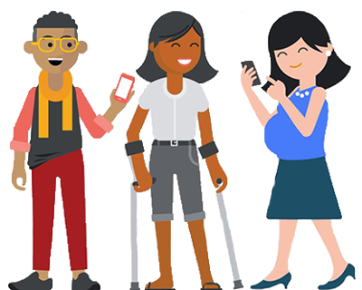 سه نفر به نمایندگی از معلولیت های موقت و موقعیتی، مانند یک زن باردار و یک نفر با عصا.