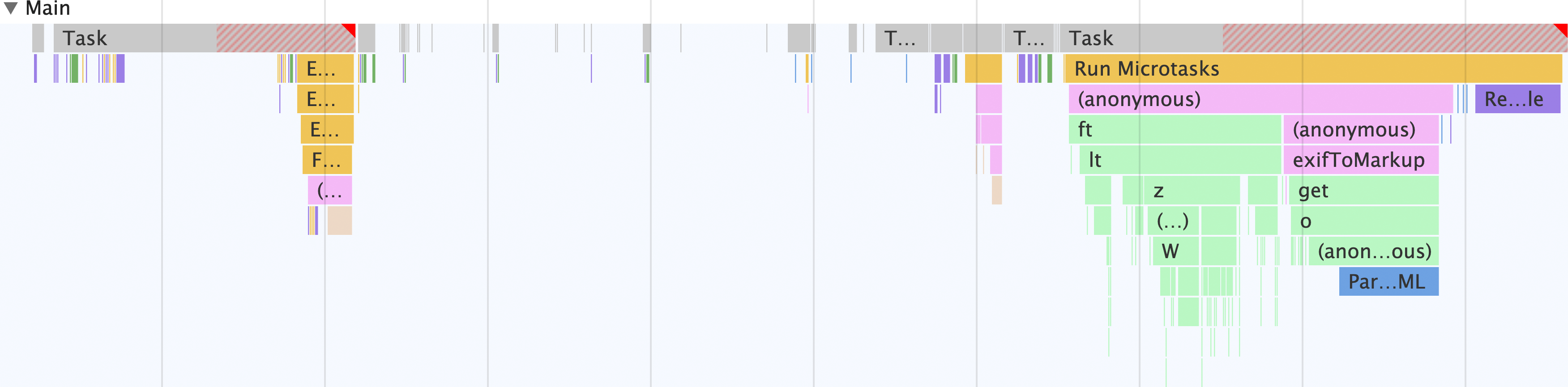 Il profiler delle prestazioni che mostra l&#39;attività dell&#39;app di estrazione dei metadati delle immagini che si svolge interamente sul thread principale. Esistono due attività lunghe sostanziali: una che esegue un recupero per ottenere l&#39;immagine richiesta e decodificarla e un&#39;altra che estrae i metadati dall&#39;immagine.